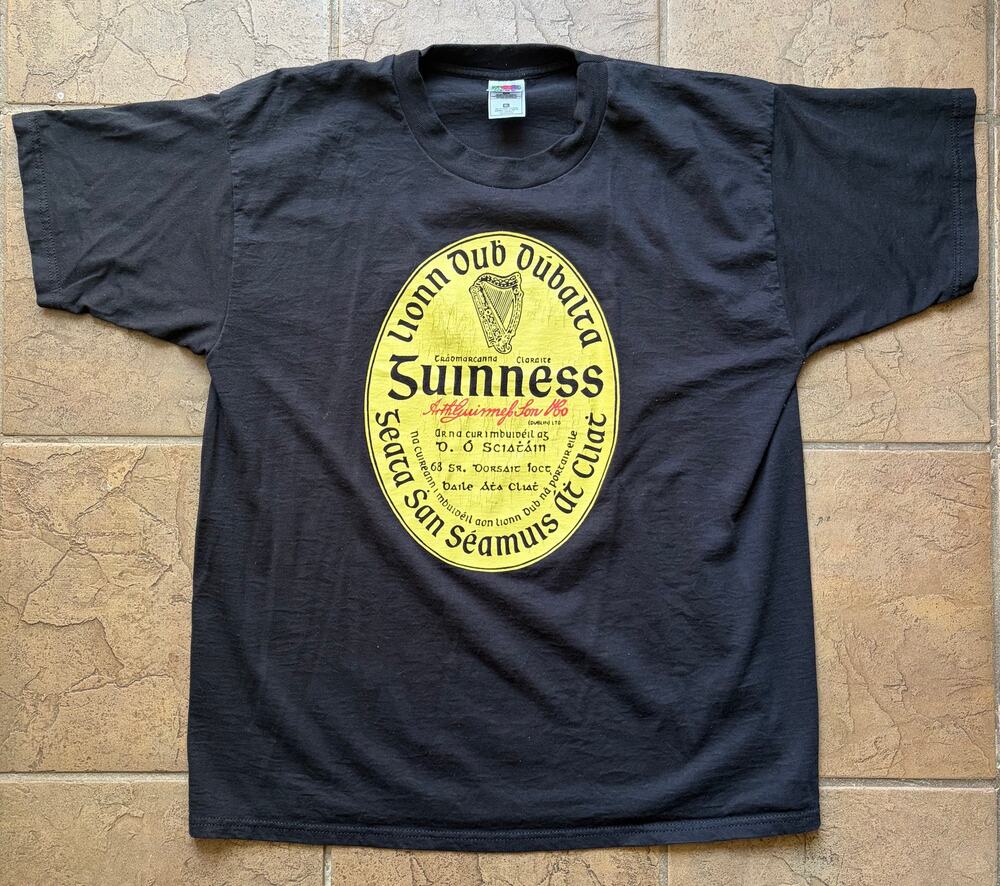 Vintage 90s Guinness Gaelic Label T Shirt XL Fruit of the Loom BEST Irish Beer